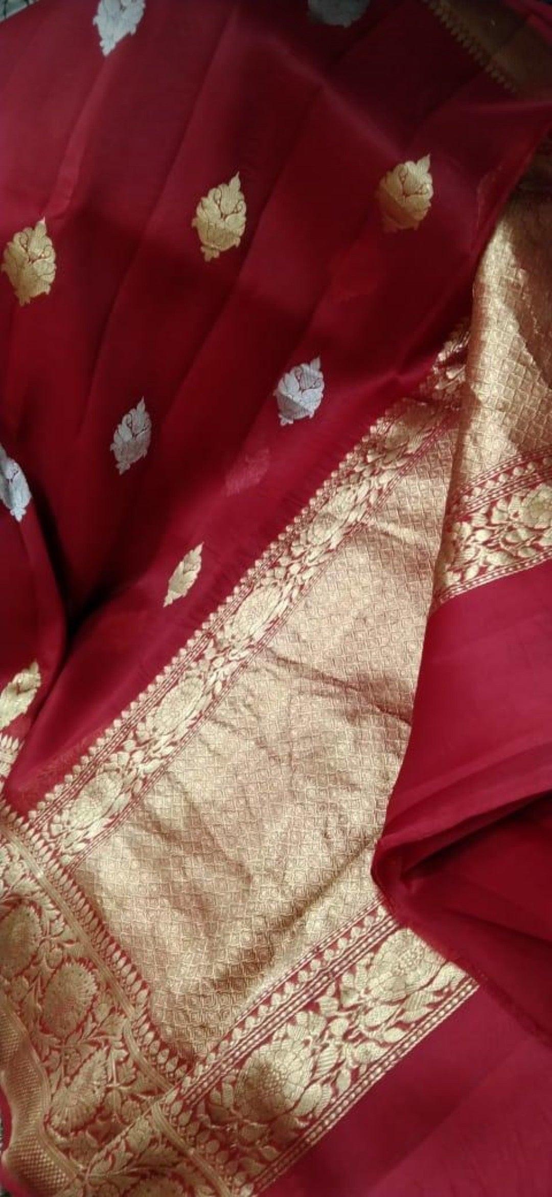 Carmine Banarasi Pure Kora Organza Kadwa Saree