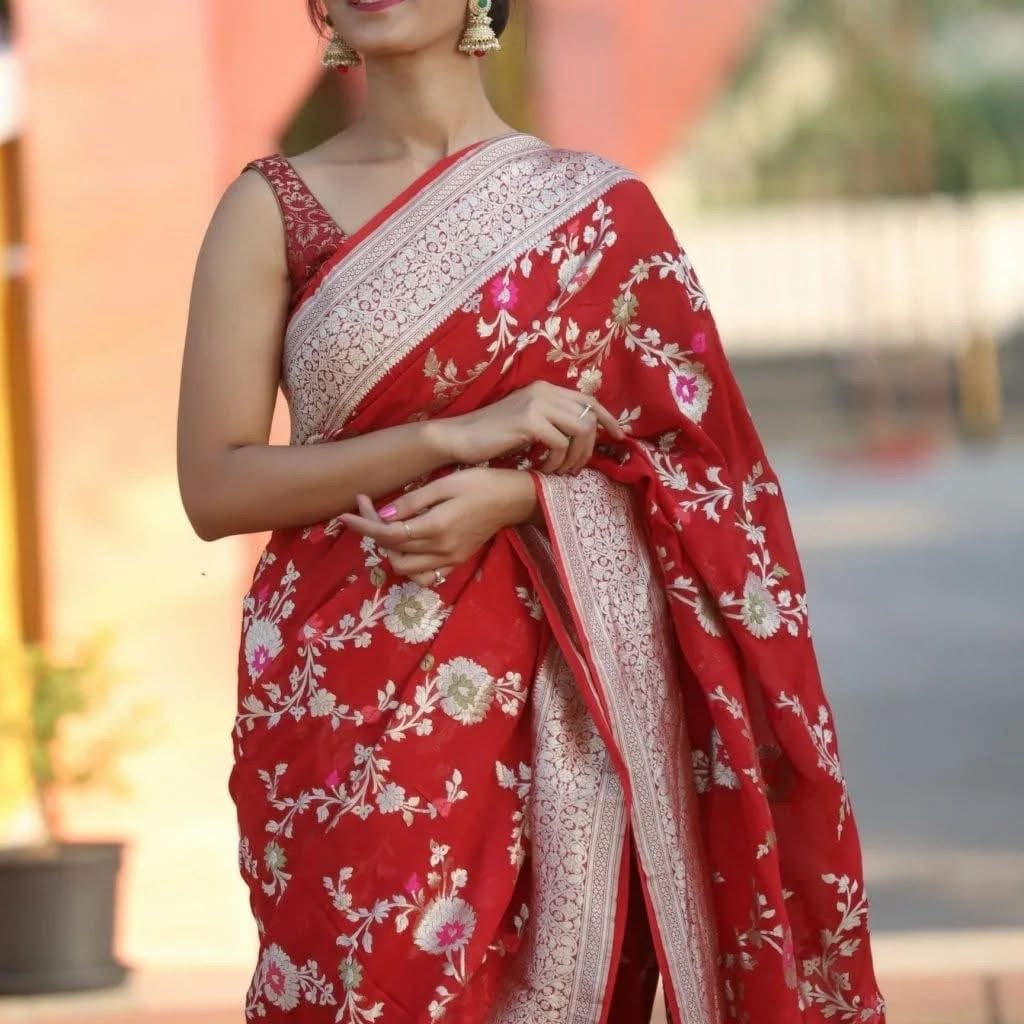 Crimson Banarasi Pure Khaddi Georgette Meenakari Saree