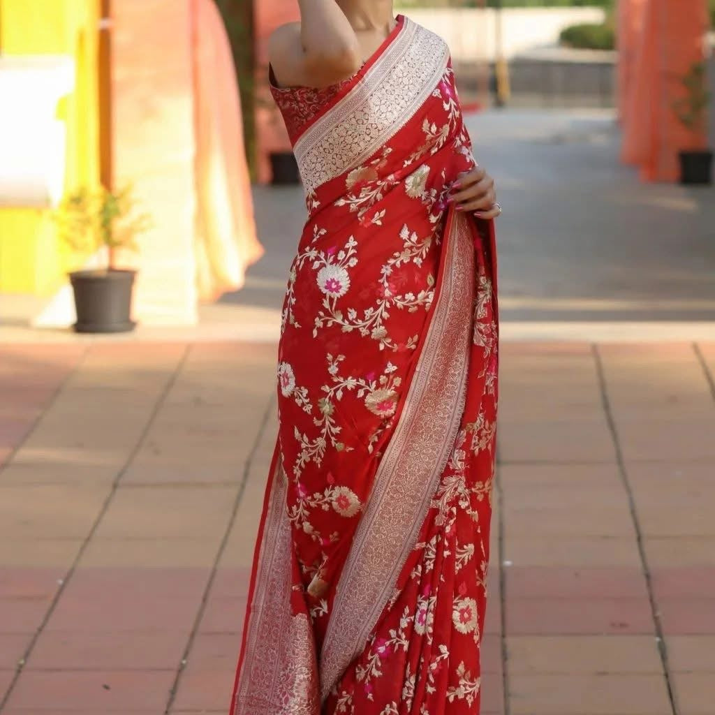 Crimson Banarasi Pure Khaddi Georgette Meenakari Saree
