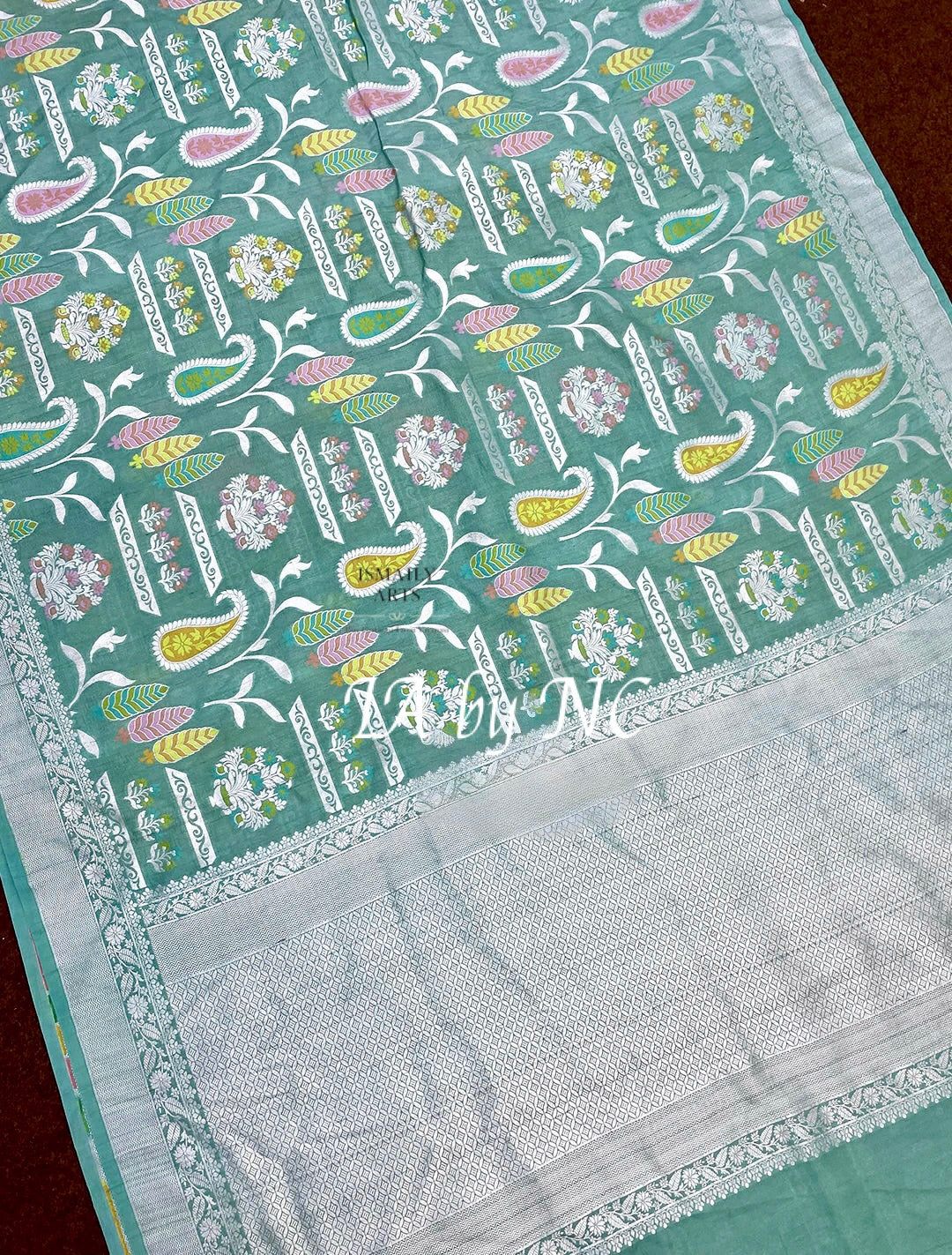 Turquoise Banarasi Pure Khaddi Tussar Georgette Meenakari Saree
