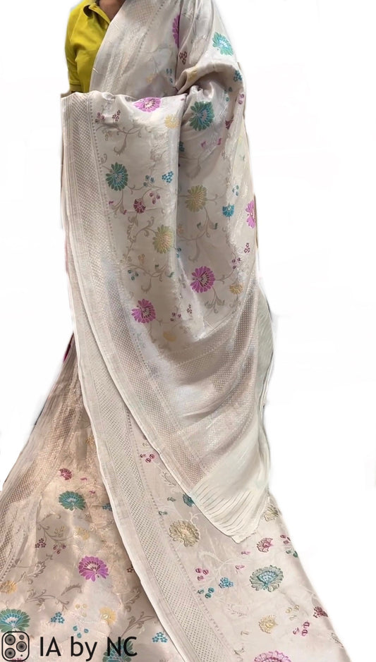 White Banarasi Pure Khaddi Georgette Tissue Silk Saree