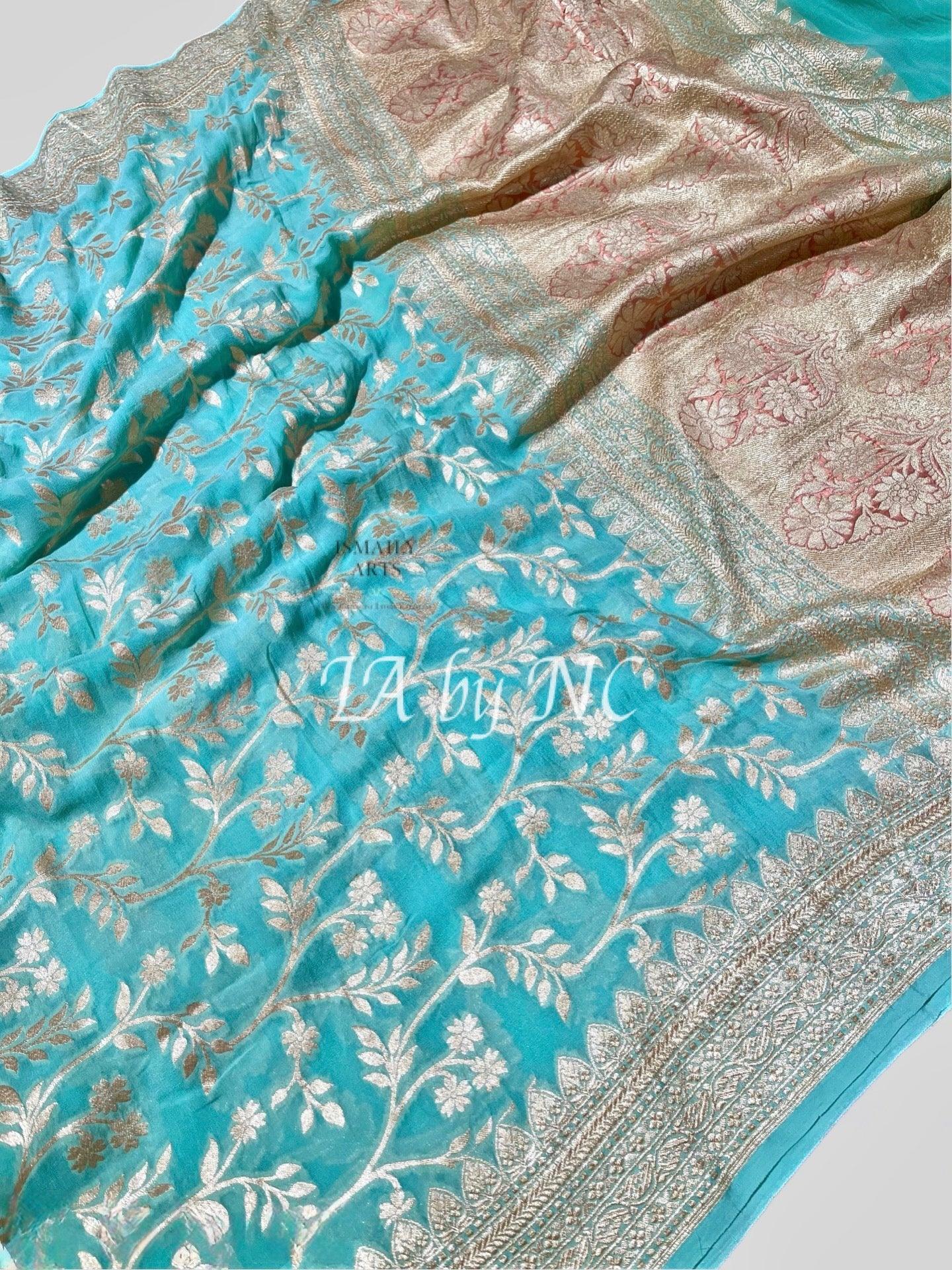 Turquoise Banarasi Pure Khaddi Georgette Saree