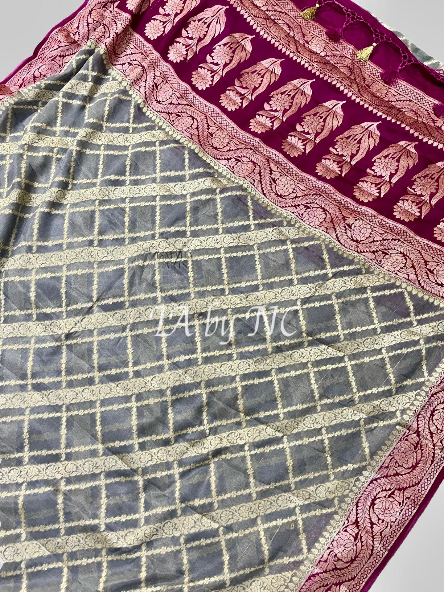 Pewter Banarasi Pure Chiffon Georgette Saree