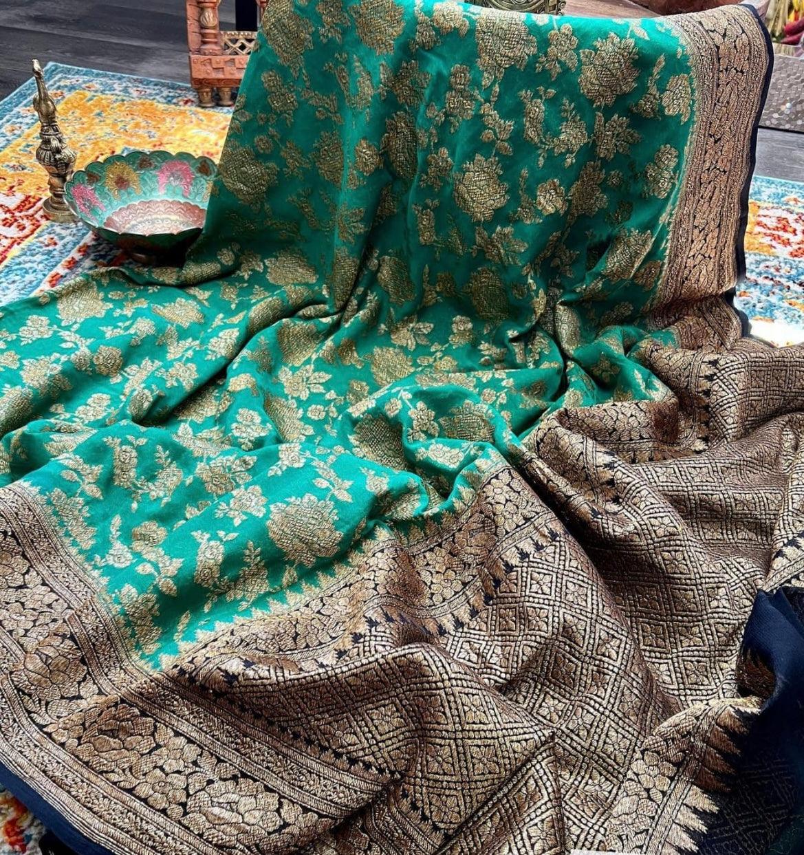 Turquoise Banarasi Pure Khaddi Georgette Saree