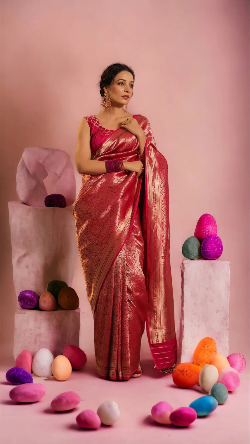 Ruby Banarasi Pure Katan Silk Pattu Brocade Saree