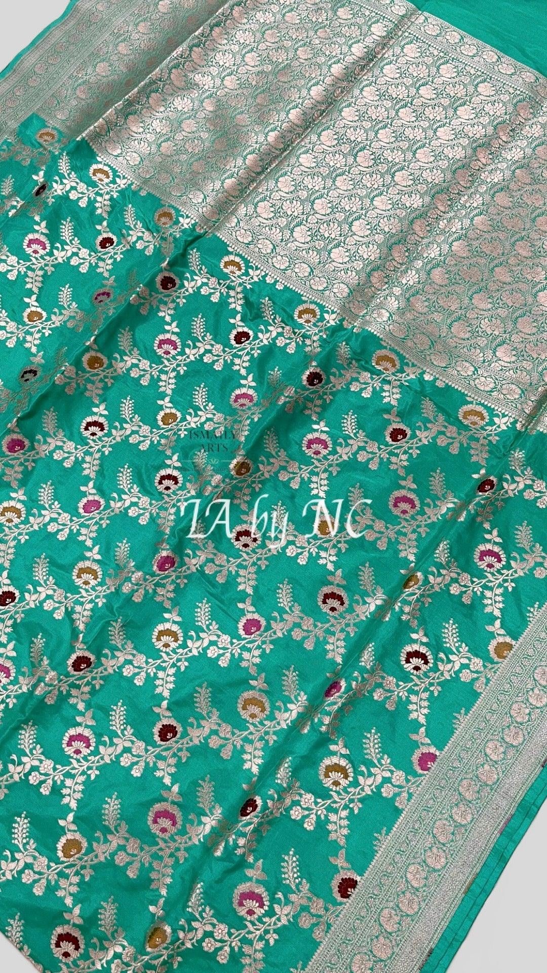 Turquoise Banarasi Pure Katan Silk Meenakari Pattu Saree