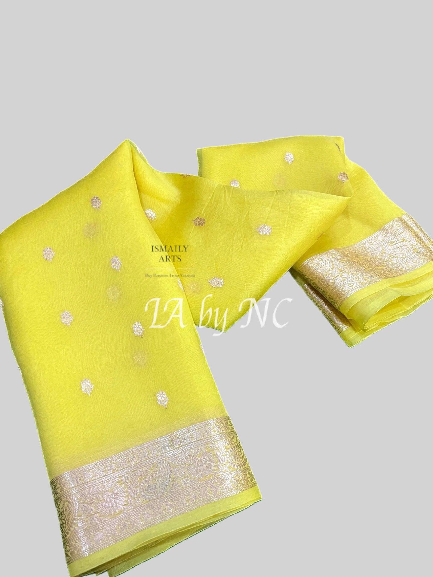 Lemon Banarasi Pure Kora Organza Kadwa Saree
