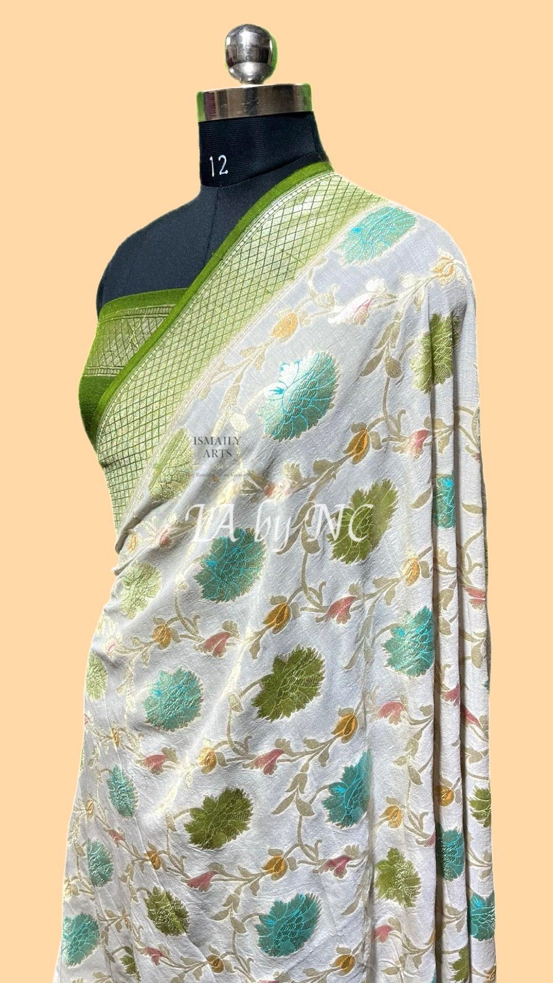 Off-white Banarasi Pure Khaddi Munga Saree