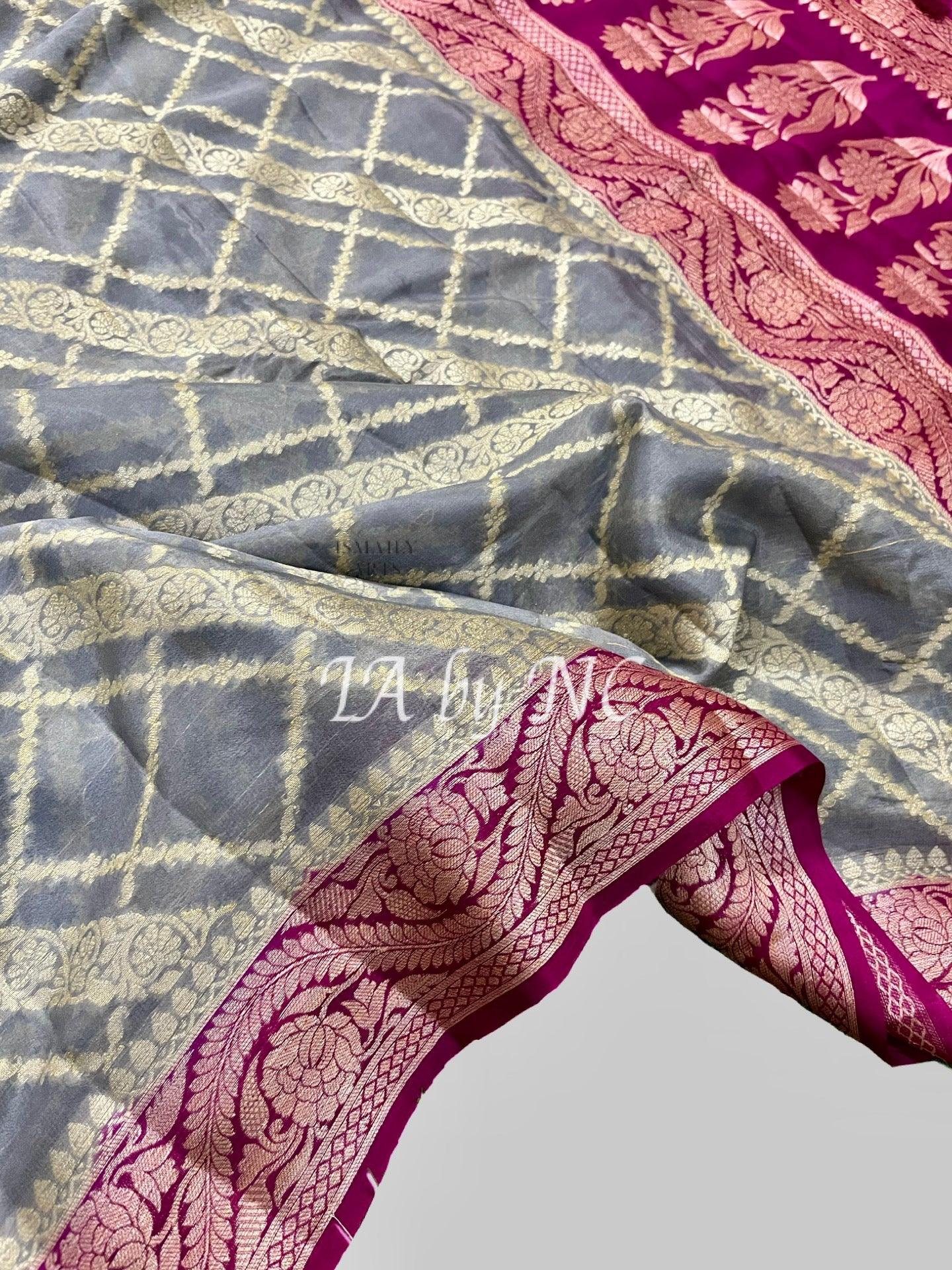 Pewter Banarasi Pure Chiffon Georgette Saree