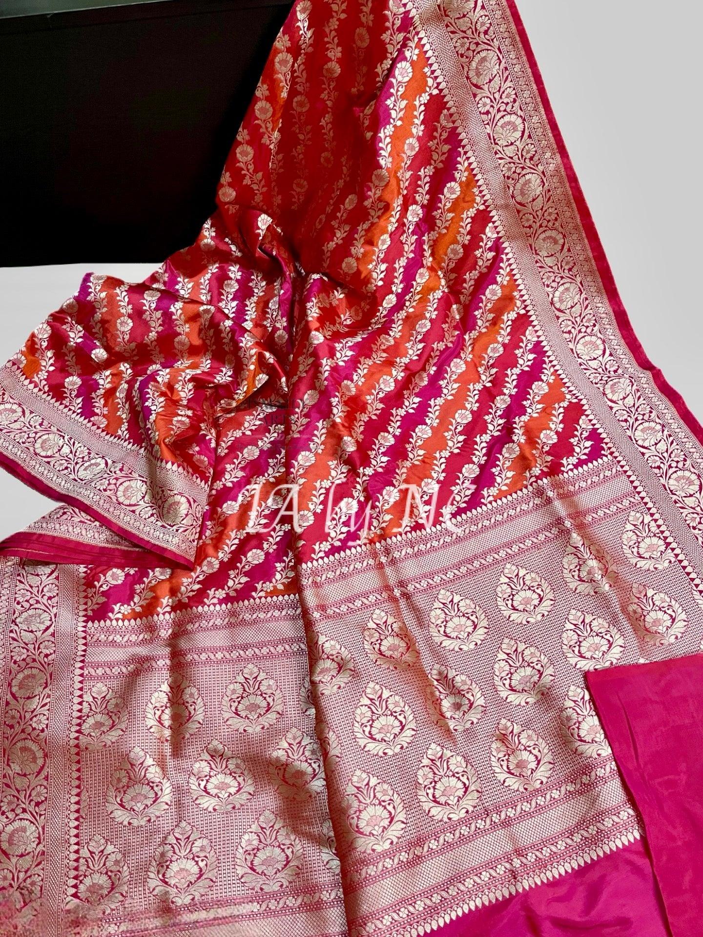 Crimson Banarasi Pure Katan Silk Rangkaat Jangla Pattu Saree