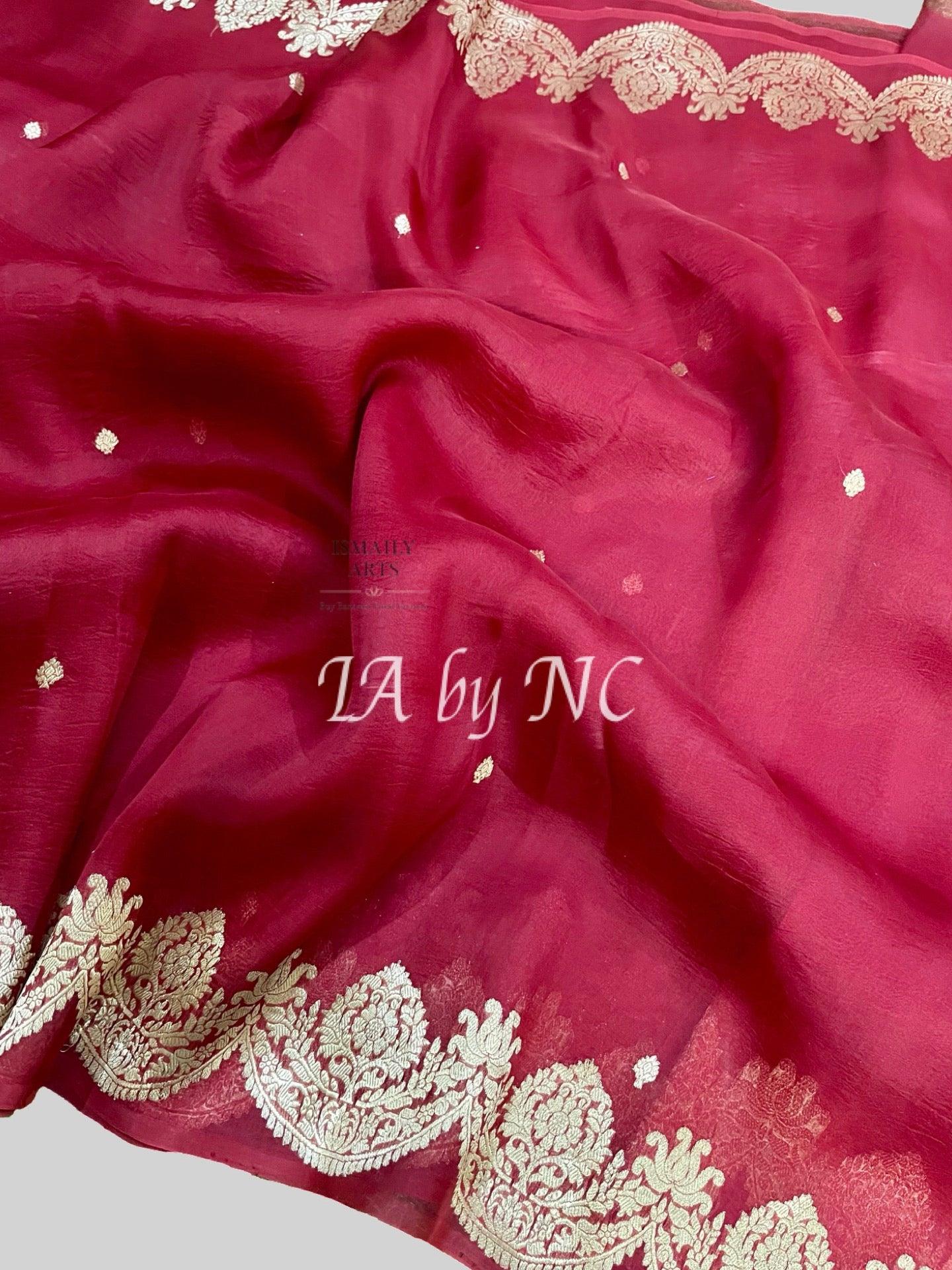Carmine Banarasi Pure Kora Organza Kadwa Saree