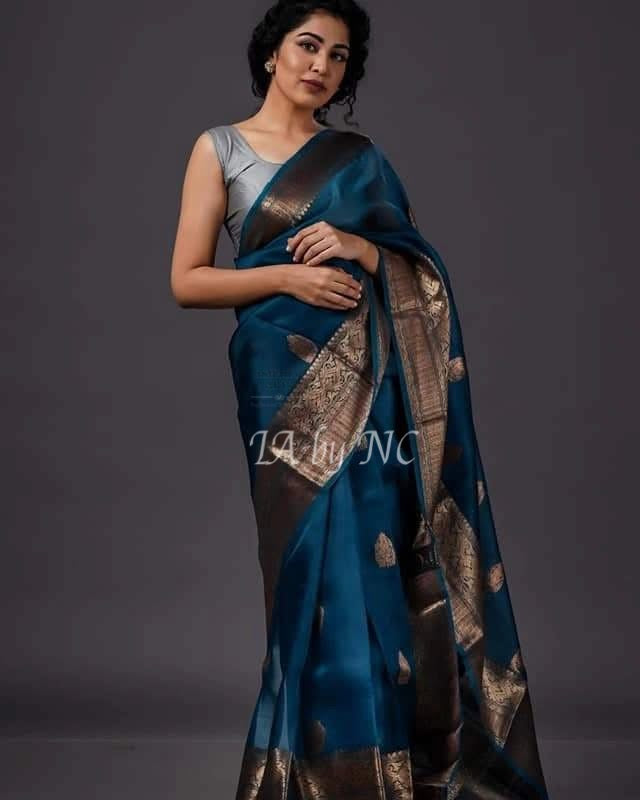 Teal Banarasi Pure Kora Silk Kadwa Saree
