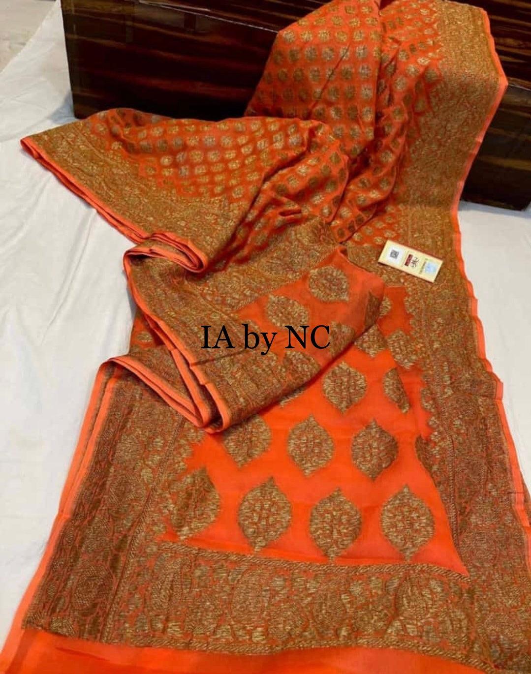 Vermilion Banarasi Pure Khaddi Georgette Saree