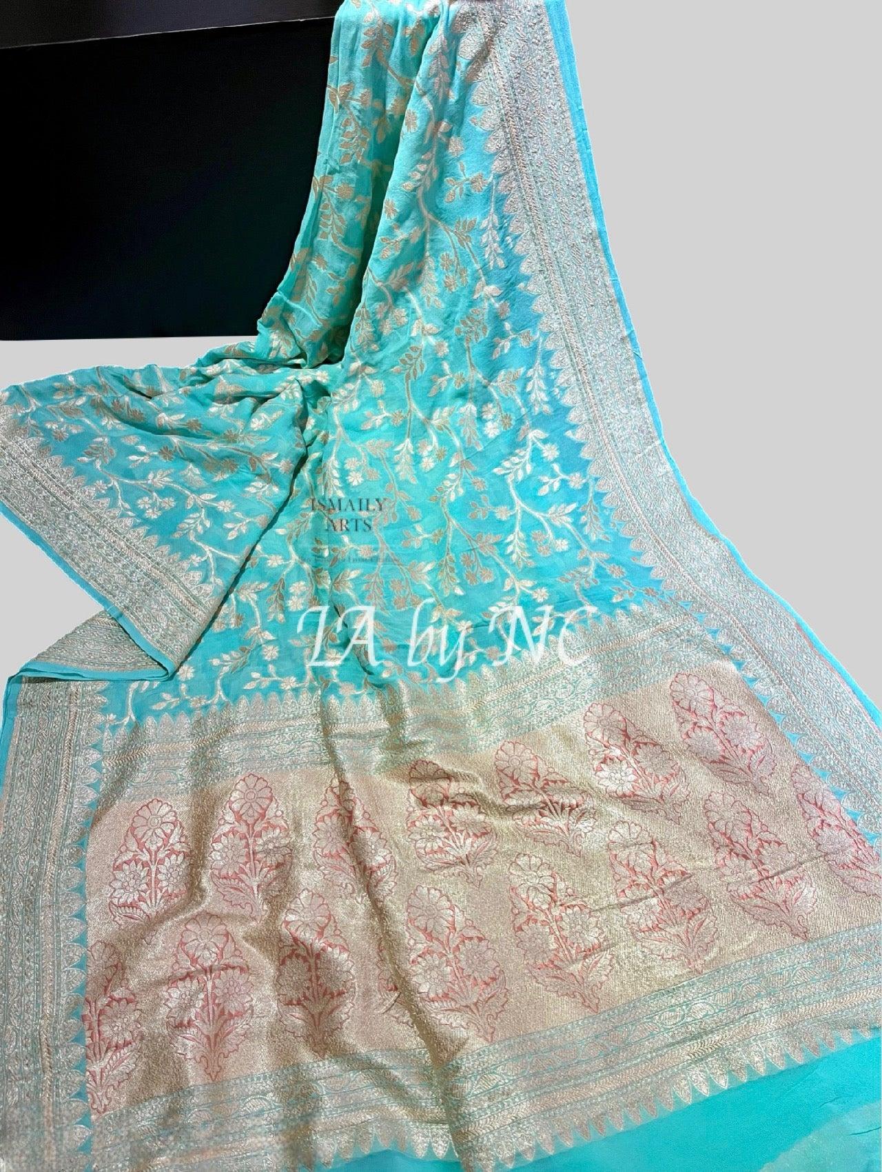 Turquoise Banarasi Pure Khaddi Georgette Saree
