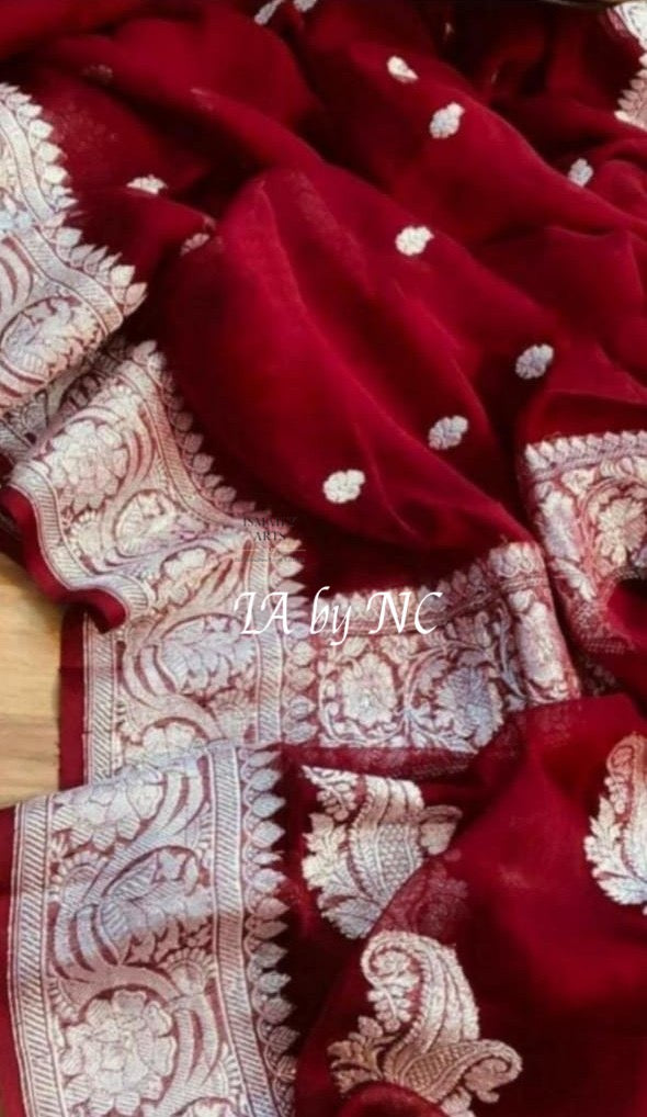 Carmine Banarasi Pure Khaddi Georgette Kadwa Saree