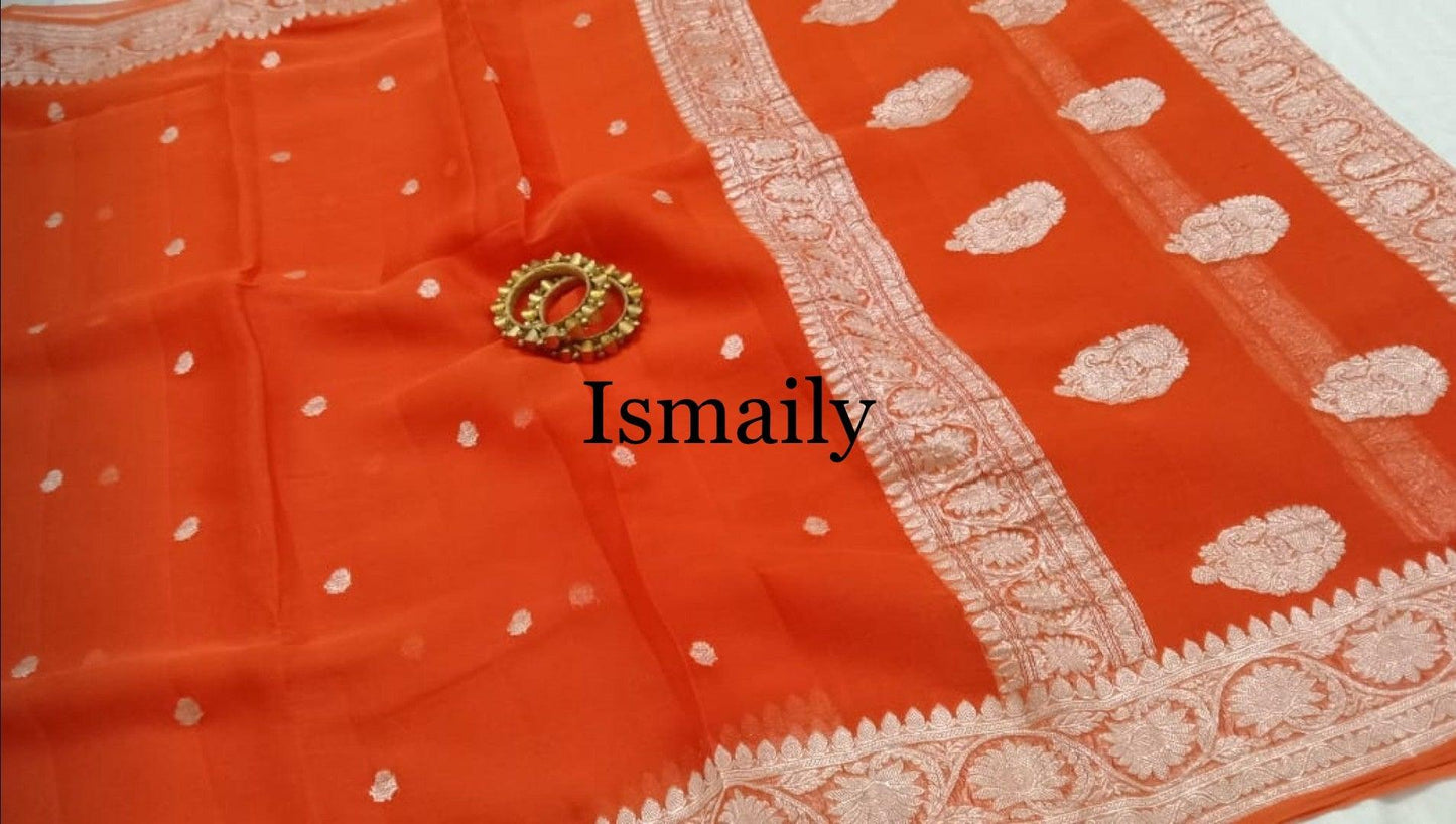 Scarlet Banarasi Pure Khaddi Georgette Kadwa Saree