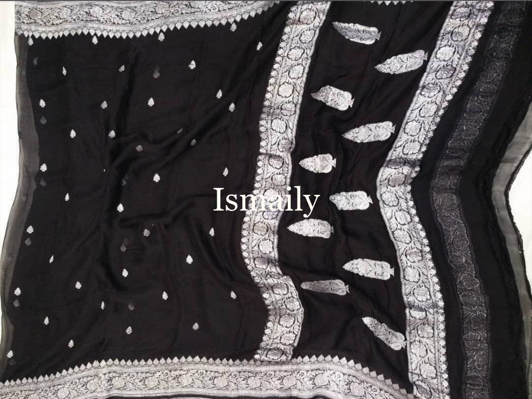 Black Banarasi Pure Khaddi Georgette Kadwa Saree