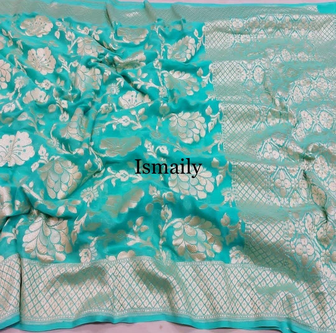 Turquoise Banarasi Pure Khaddi Georgette Saree