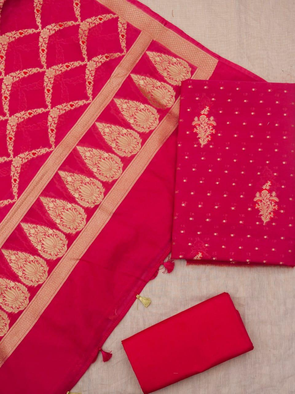 Raspberry Banarasi Premium Cotton Silk Jamdani Dress Materials