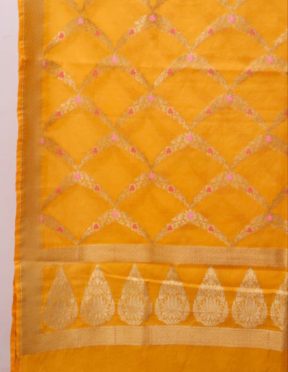 Gold Banarasi Premium Cotton Silk Jamdani Dress Materials