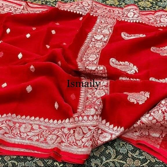 Crimson Banarasi Pure Khaddi Georgette Kadwa Saree