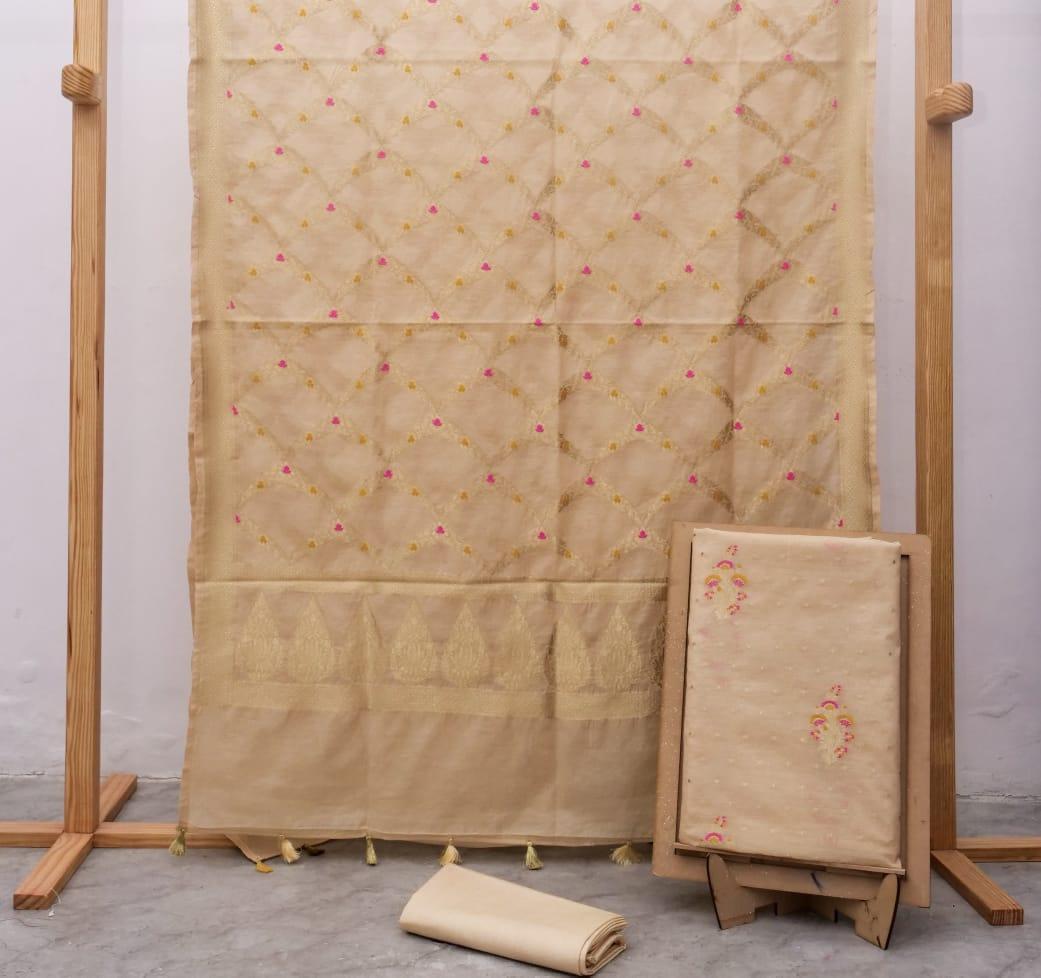 Beige Banarasi Premium Cotton Silk Jamdani Suits