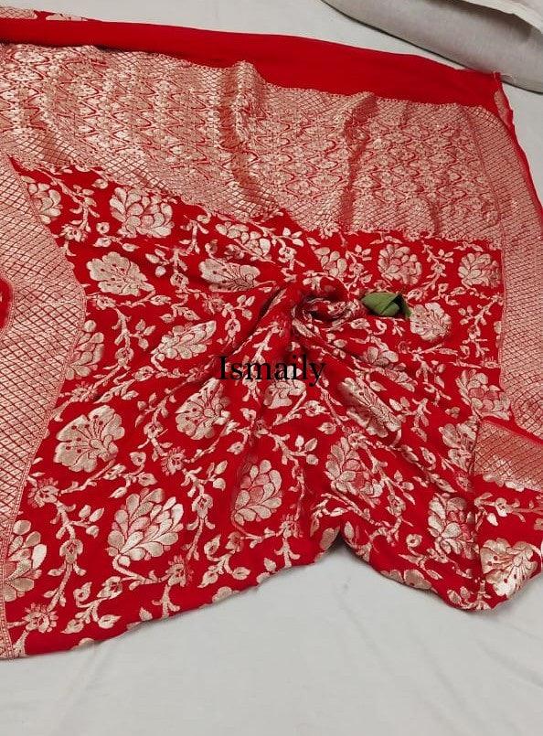 Carmine Banarasi Pure Khaddi Georgette Saree