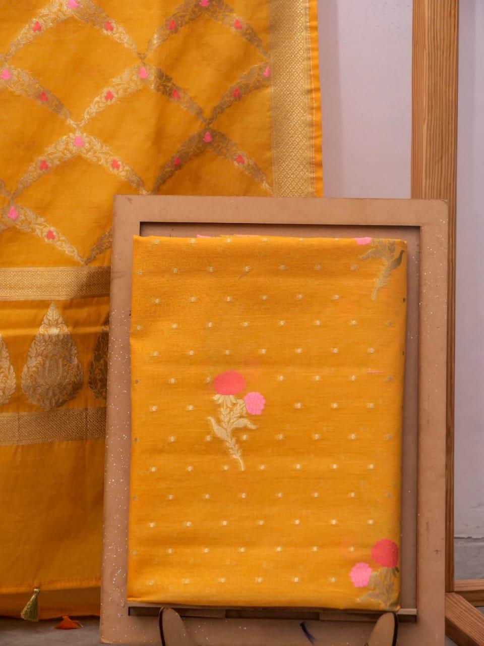 Gold Banarasi Premium Cotton Silk Jamdani Dress Materials