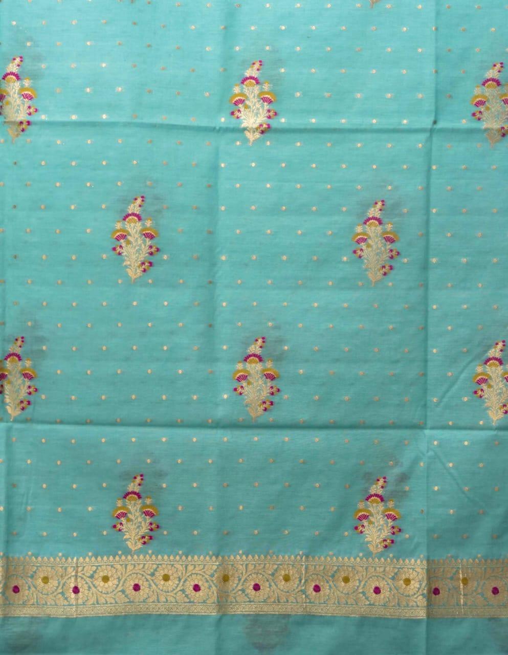 Turquoise Banarasi Premium Cotton Silk Jamdani Dress Materials