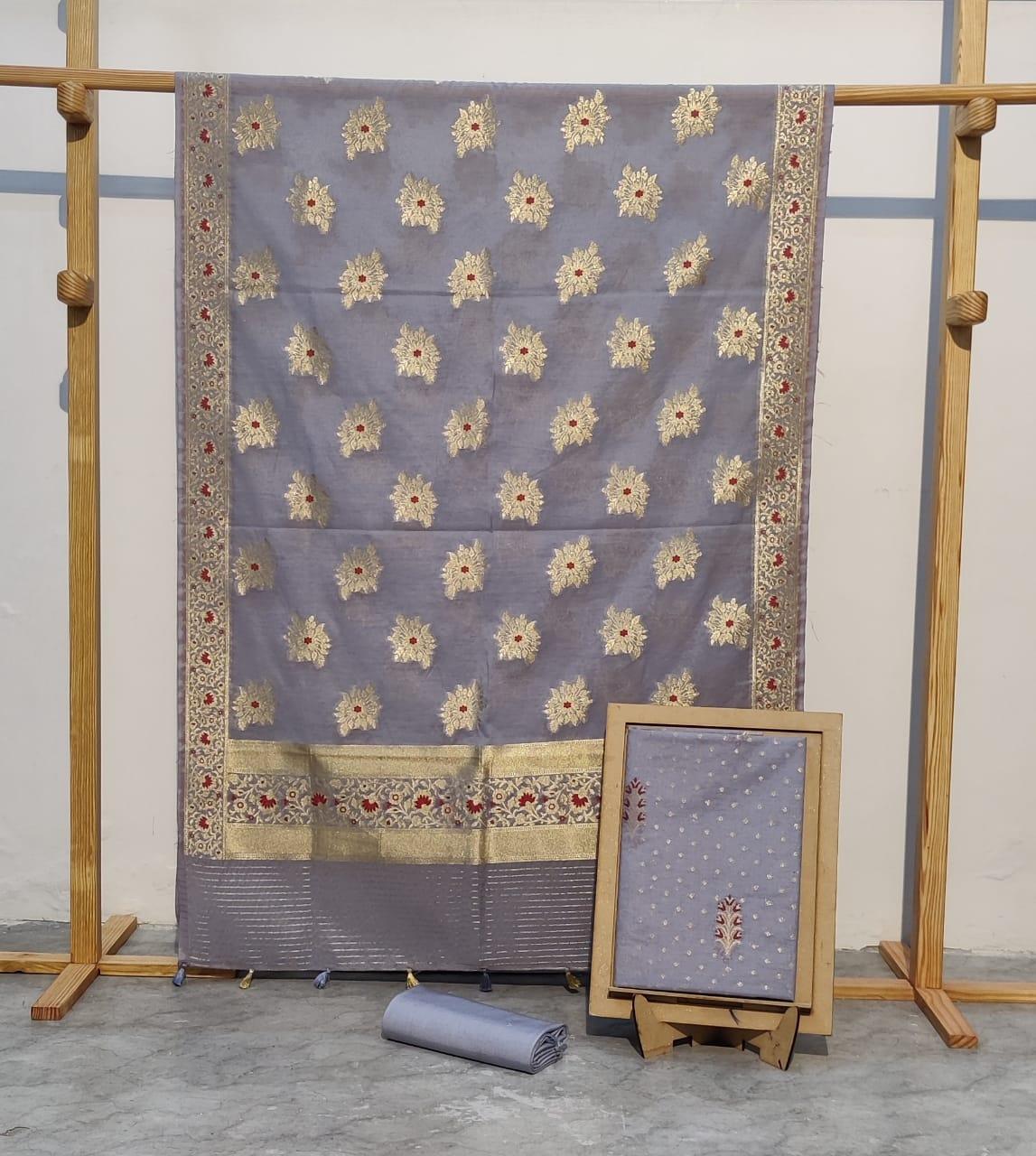Grey Banarasi Premium Cotton Silk Jamdani Dress Materials