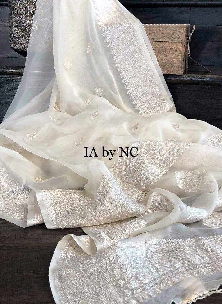 Off White Banarasi Pure Khaddi Georgette Kadwa Saree