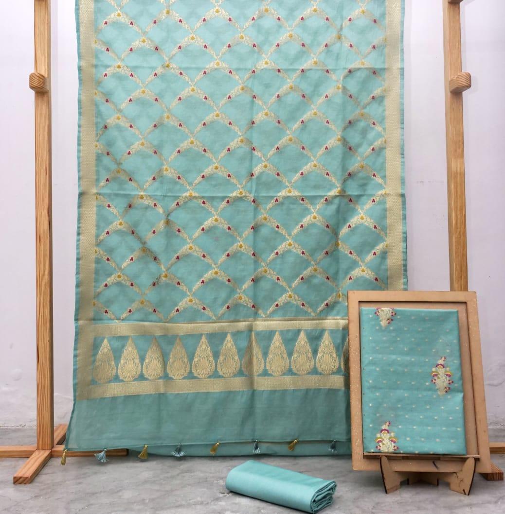 Turquoise Banarasi Premium Cotton Silk Jamdani Dress Materials