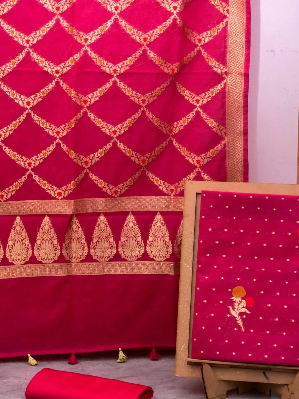 Raspberry Banarasi Premium Cotton Silk Jamdani Dress Materials