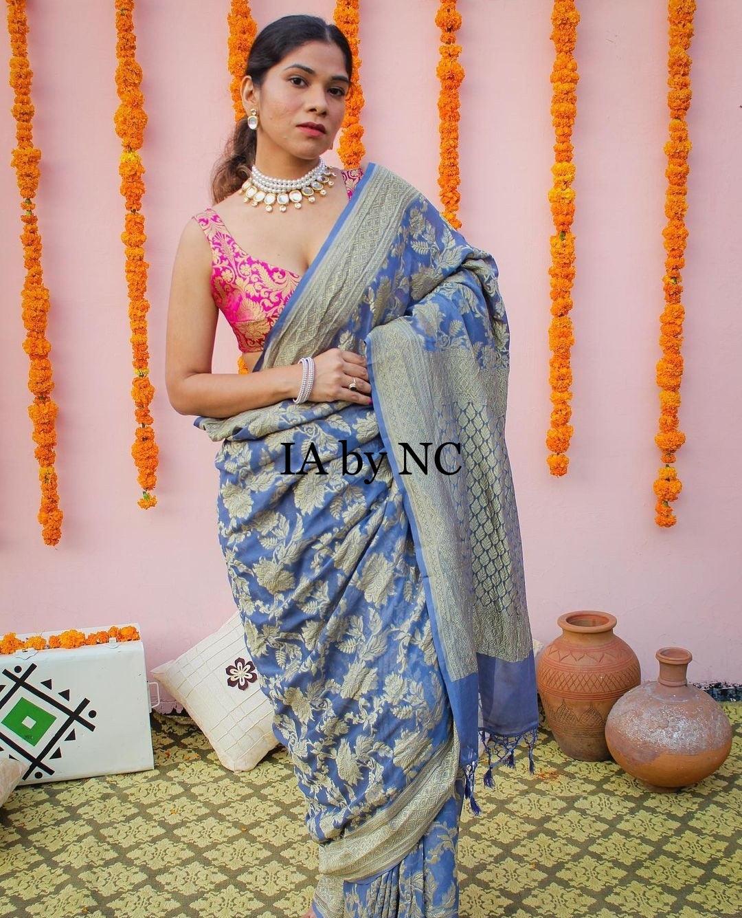 Steel Banarasi Pure Khaddi Georgette Saree