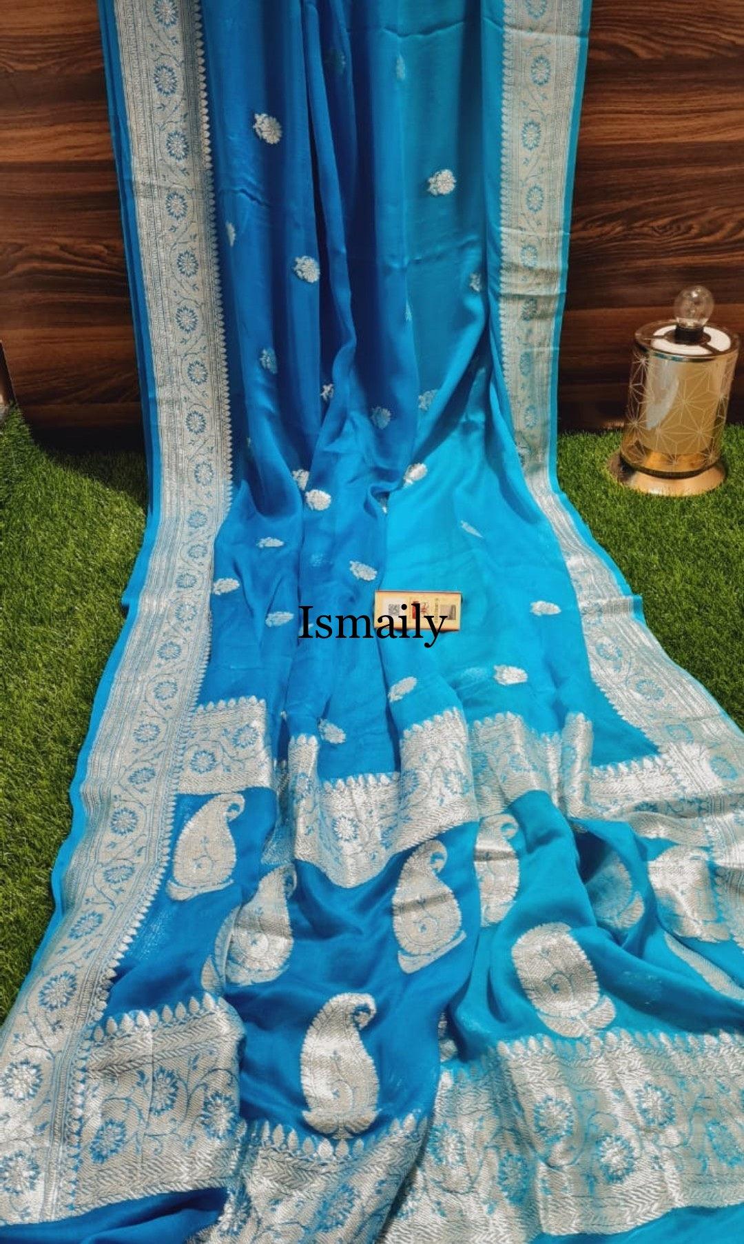 Azure Banarasi Pure Khaddi Georgette Kadwa Saree