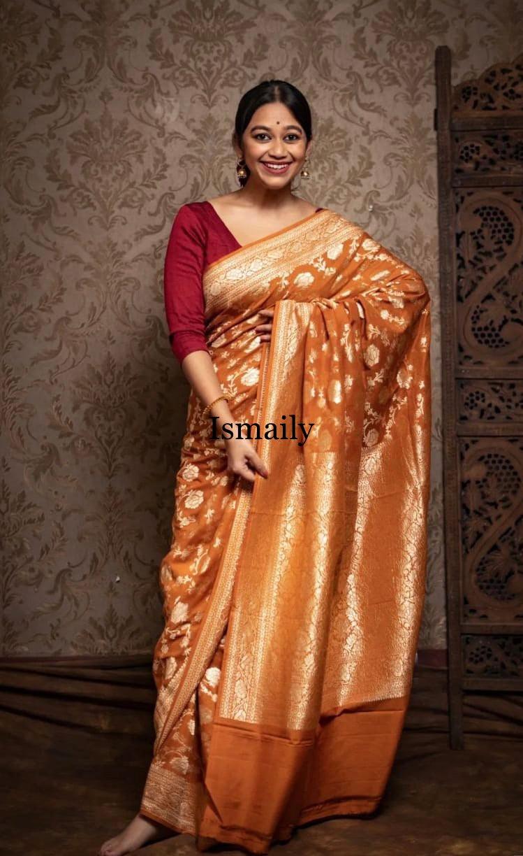 Mustard Banarasi Pure Khaddi Georgette Saree.