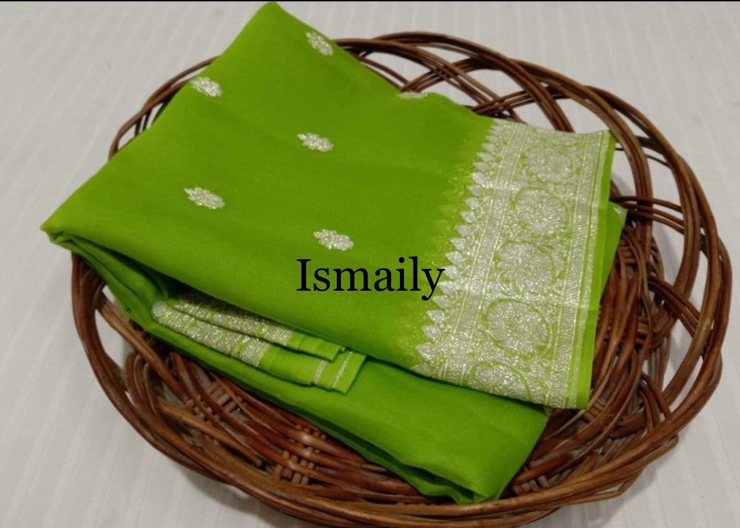 Mehendi Banarasi Pure Khaddi Georgette Kadwa Saree