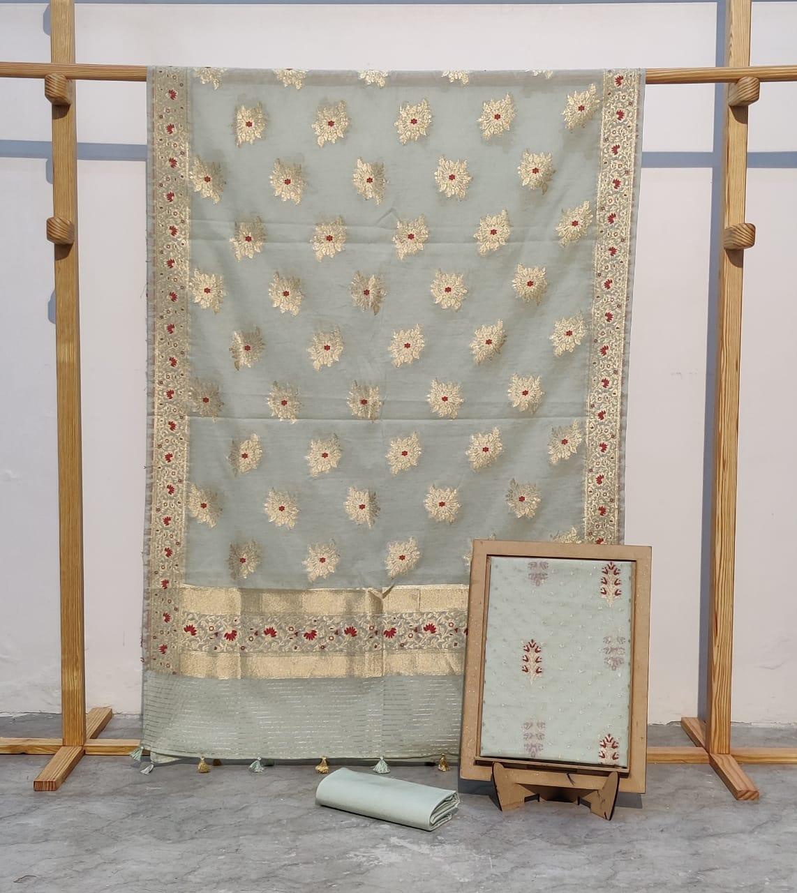Pearl Banarasi Premium Cotton Silk Jamdani Dress Materials