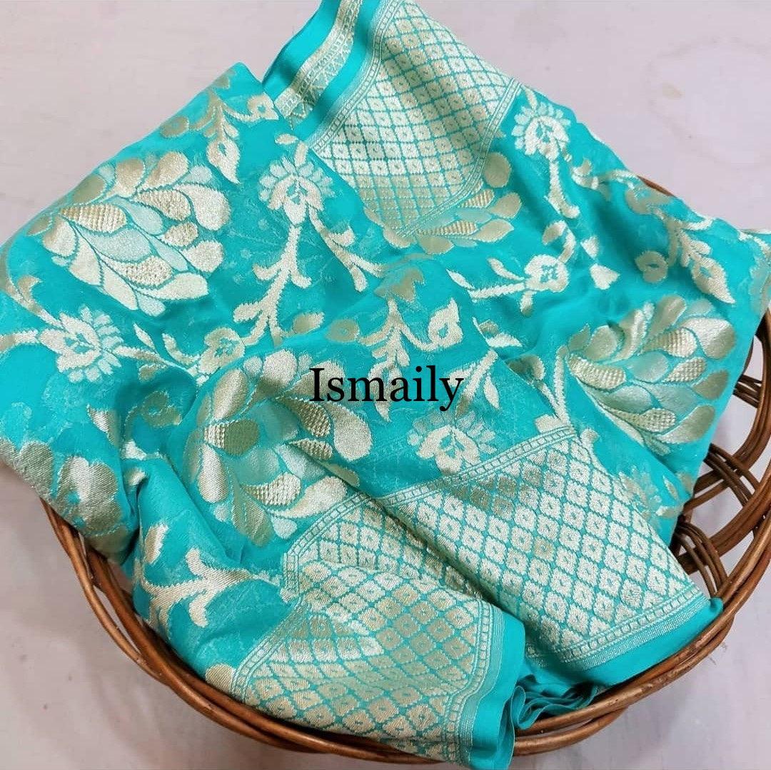 Turquoise Banarasi Pure Khaddi Georgette Saree