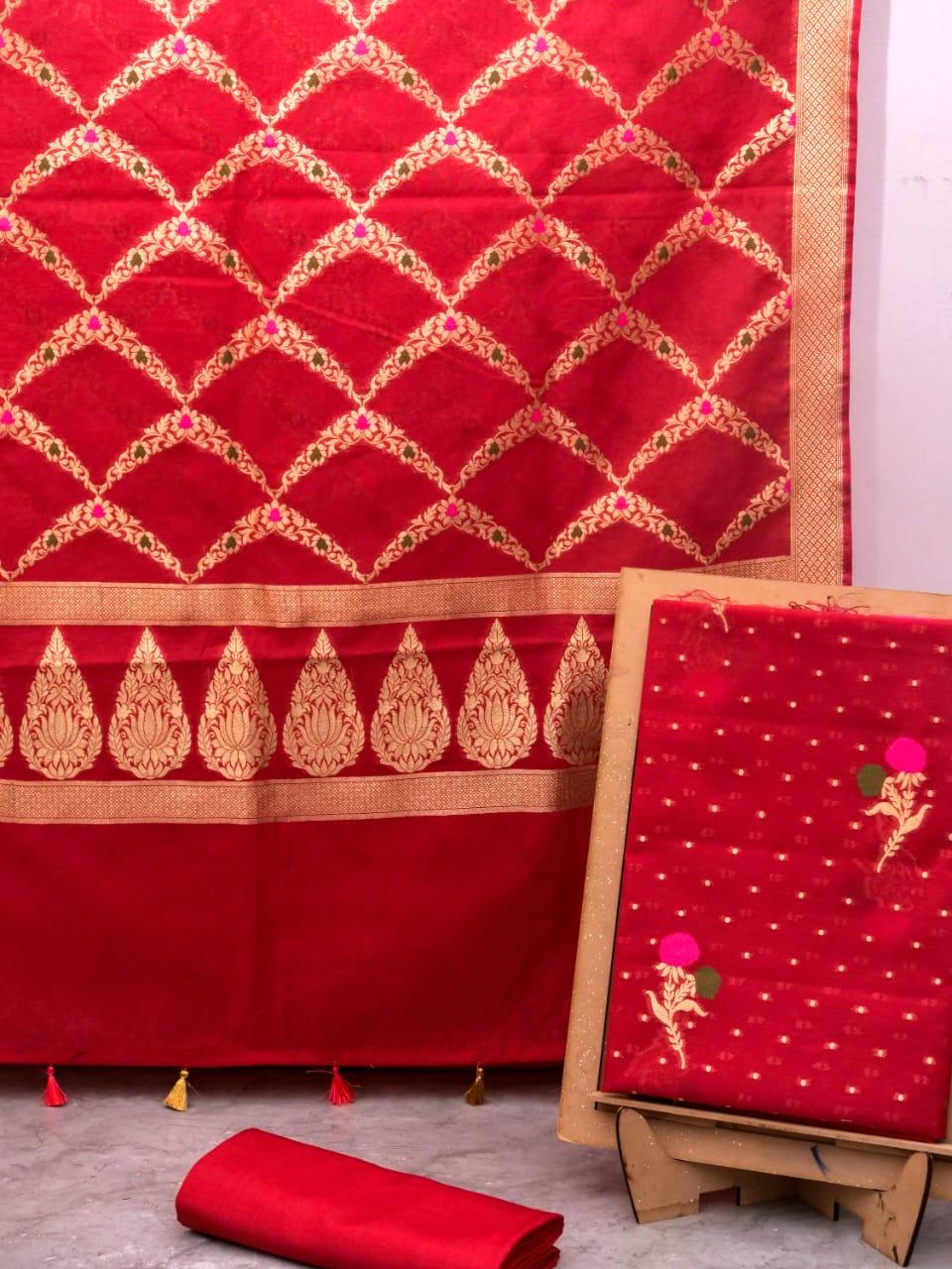Carmine Banarasi Premium Cotton Silk Jamdani Dress Materials