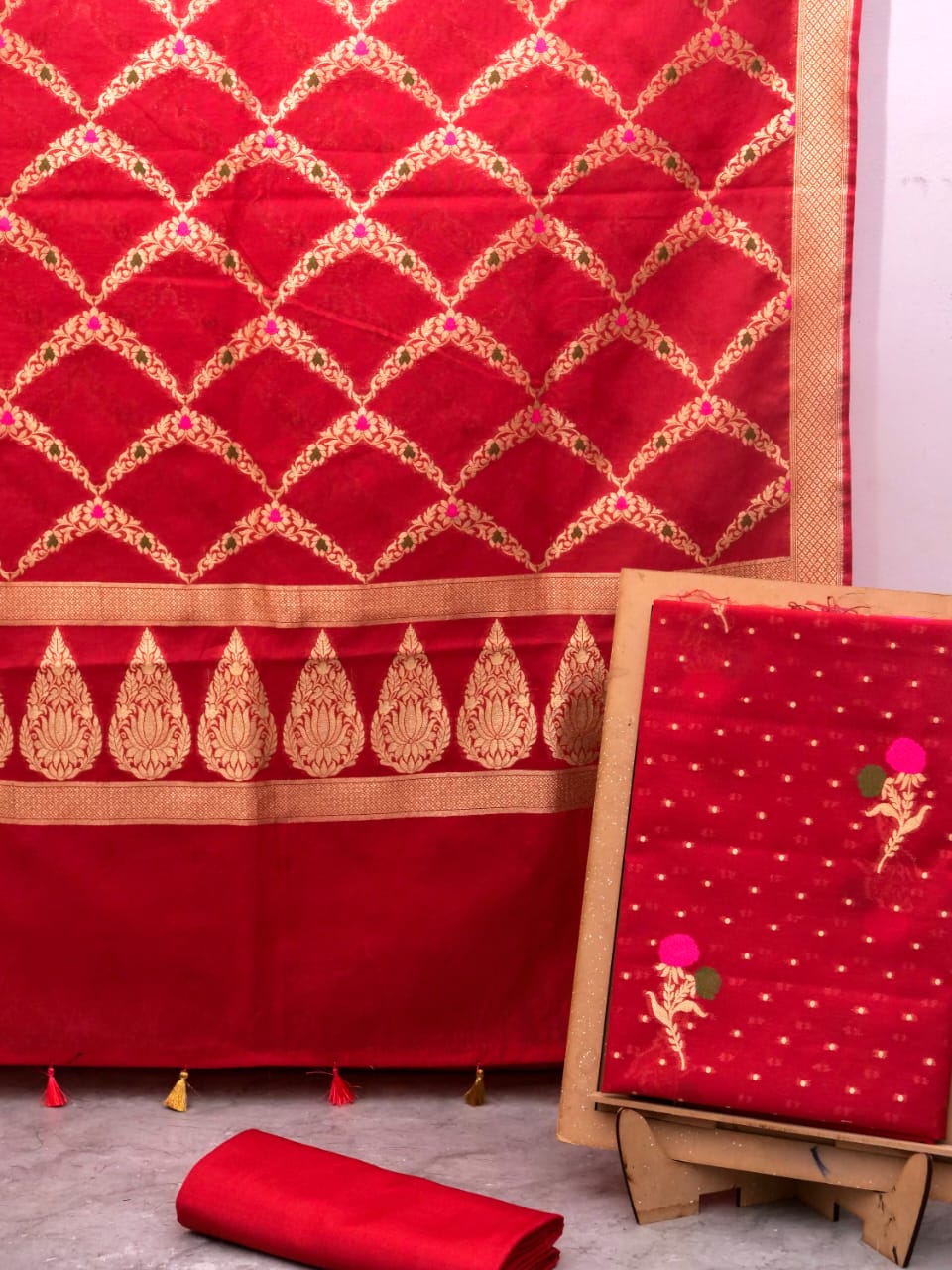 Carmine Red Banarasi Cotton Silk Jamdani Suits
