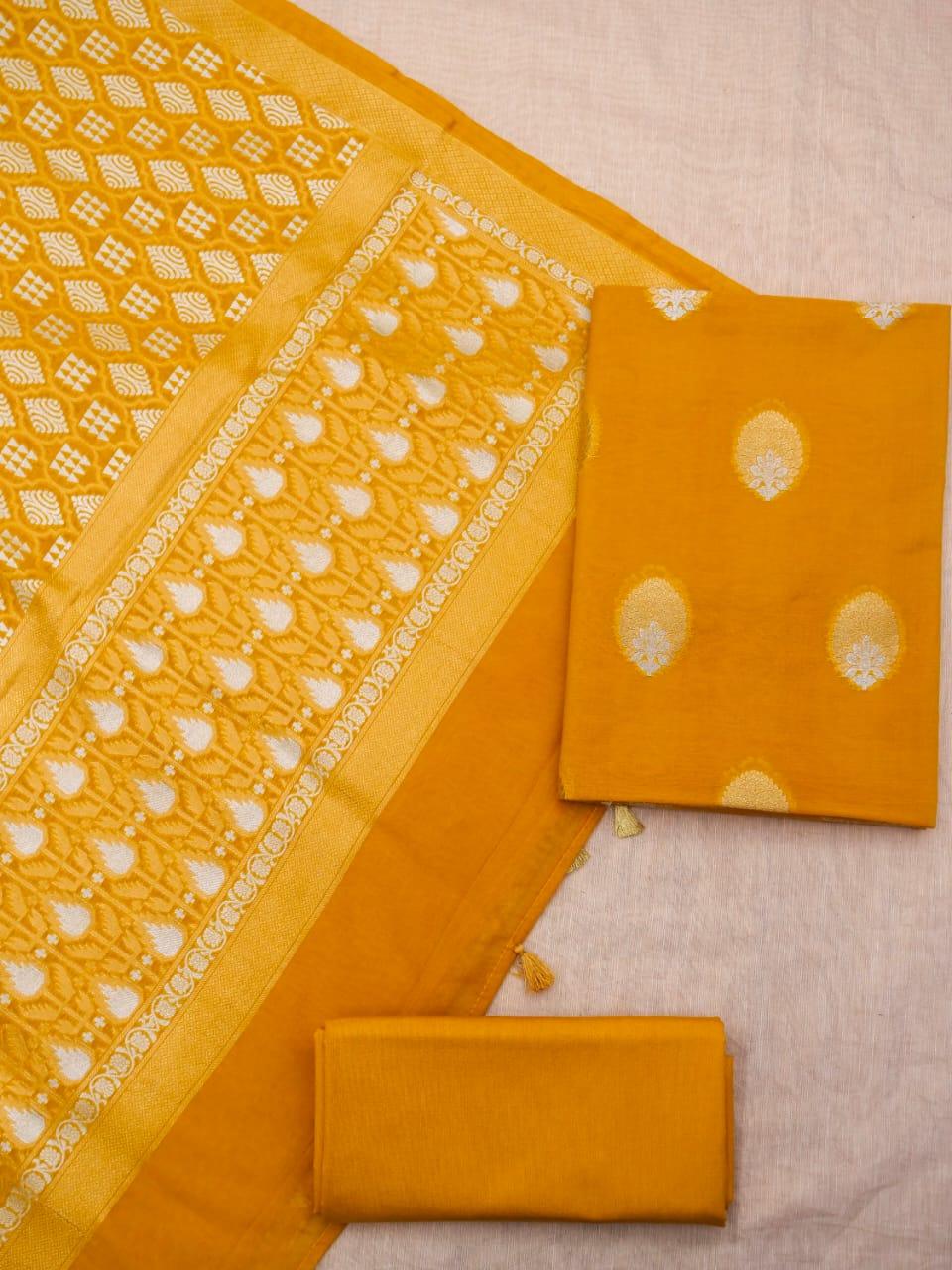 Mustard Banarasi Premium Cotton Silk Jamdani Dress Materials