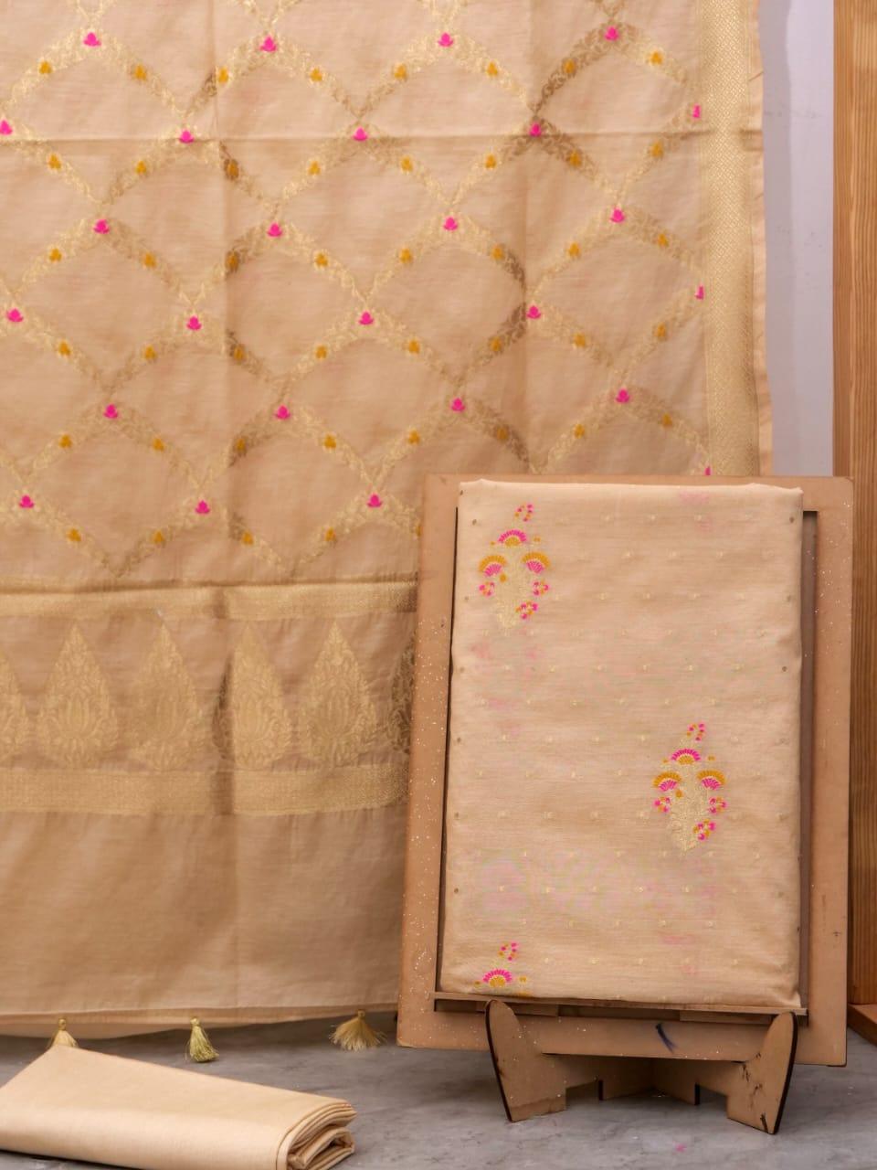 Beige Banarasi Premium Cotton Silk Jamdani Suits