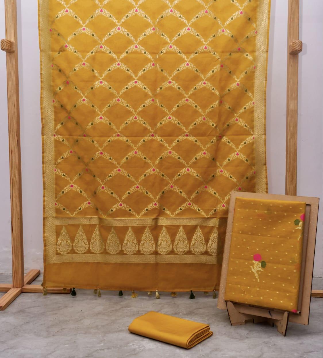 Gold Banarasi Premium Cotton Silk Jamdani Suits