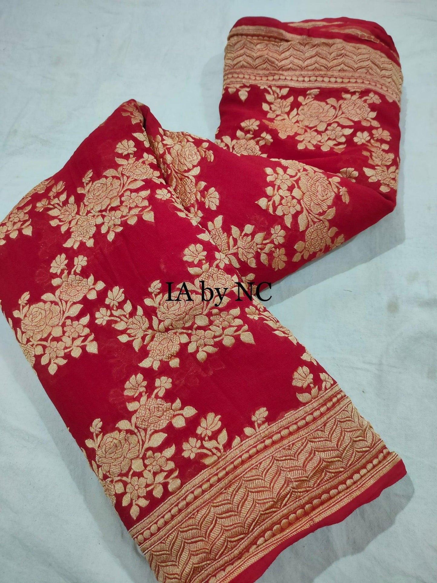 Carmine Banarasi Pure Khaddi Georgette Saree