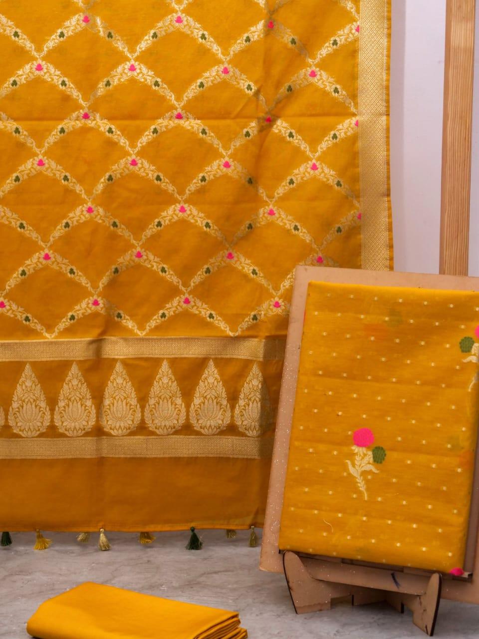 Gold Banarasi Premium Cotton Silk Jamdani Suits