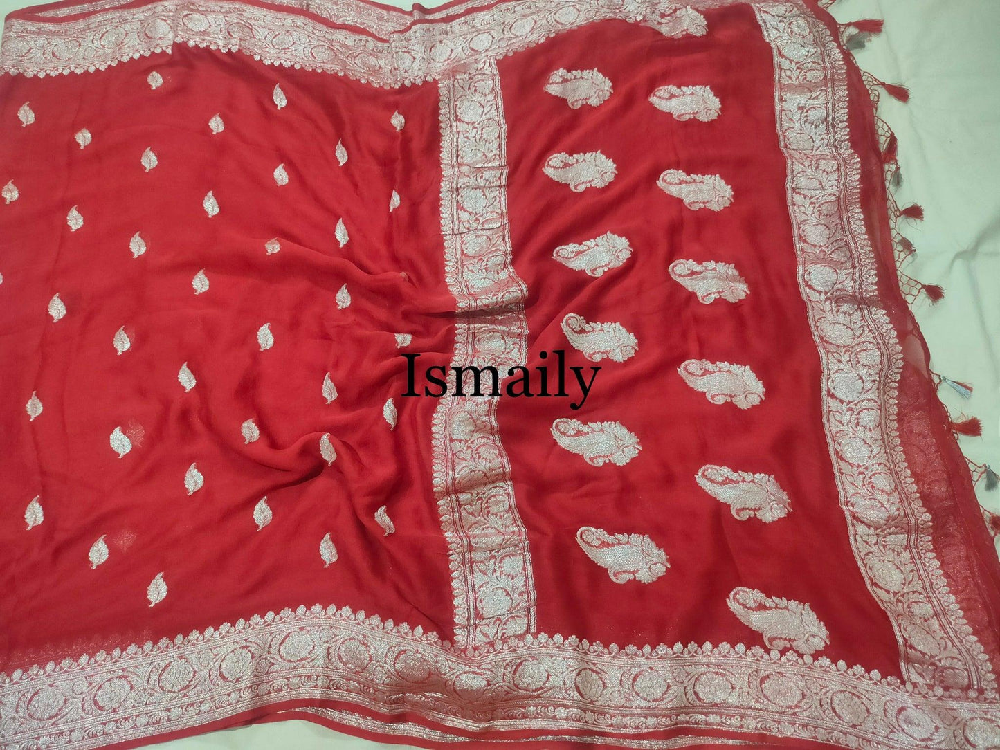 Crimson Banarasi Pure Khaddi Georgette Kadwa Saree