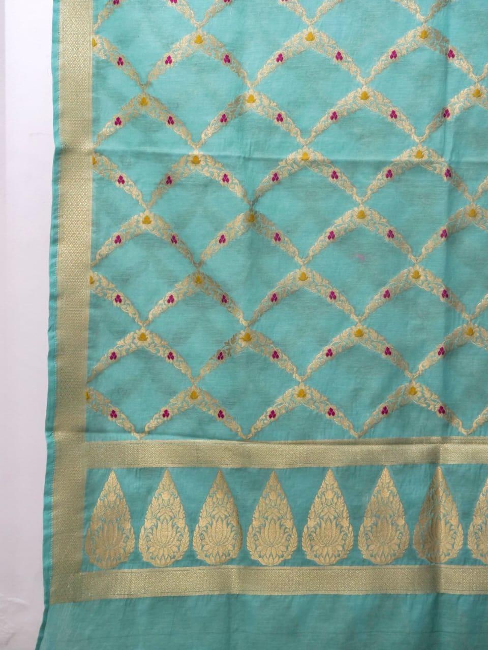 Turquoise Banarasi Premium Cotton Silk Jamdani Dress Materials