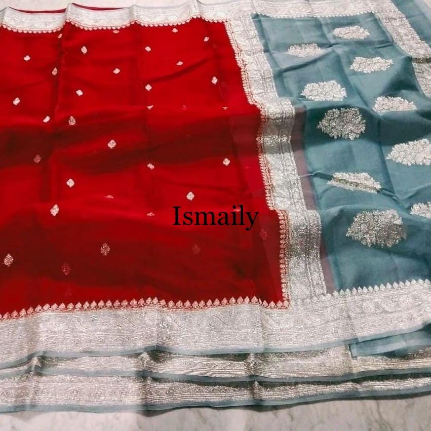 Red Banarasi Pure Khaddi Georgette Kadwa Saree