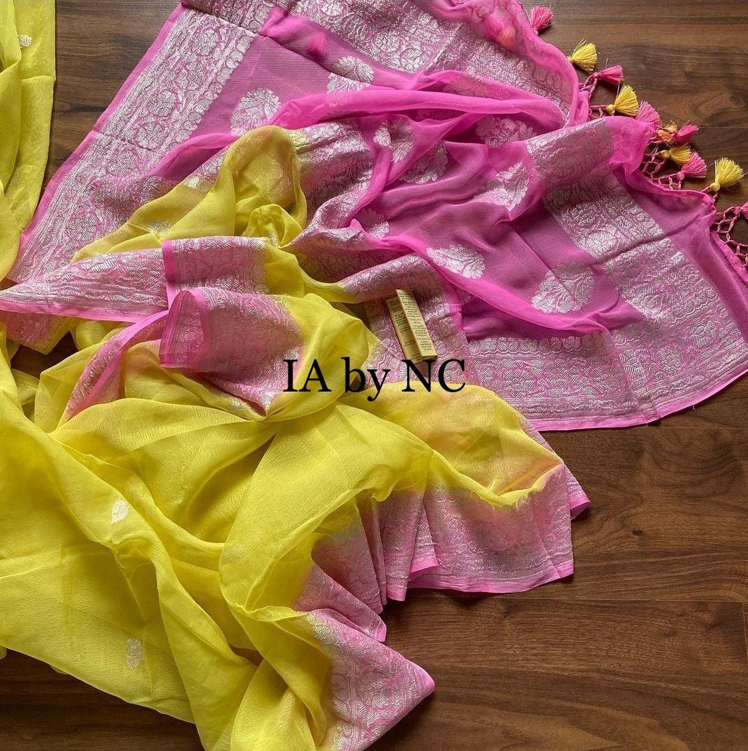 Yellow Banarasi Pure Khaddi Georgette Kadwa Saree